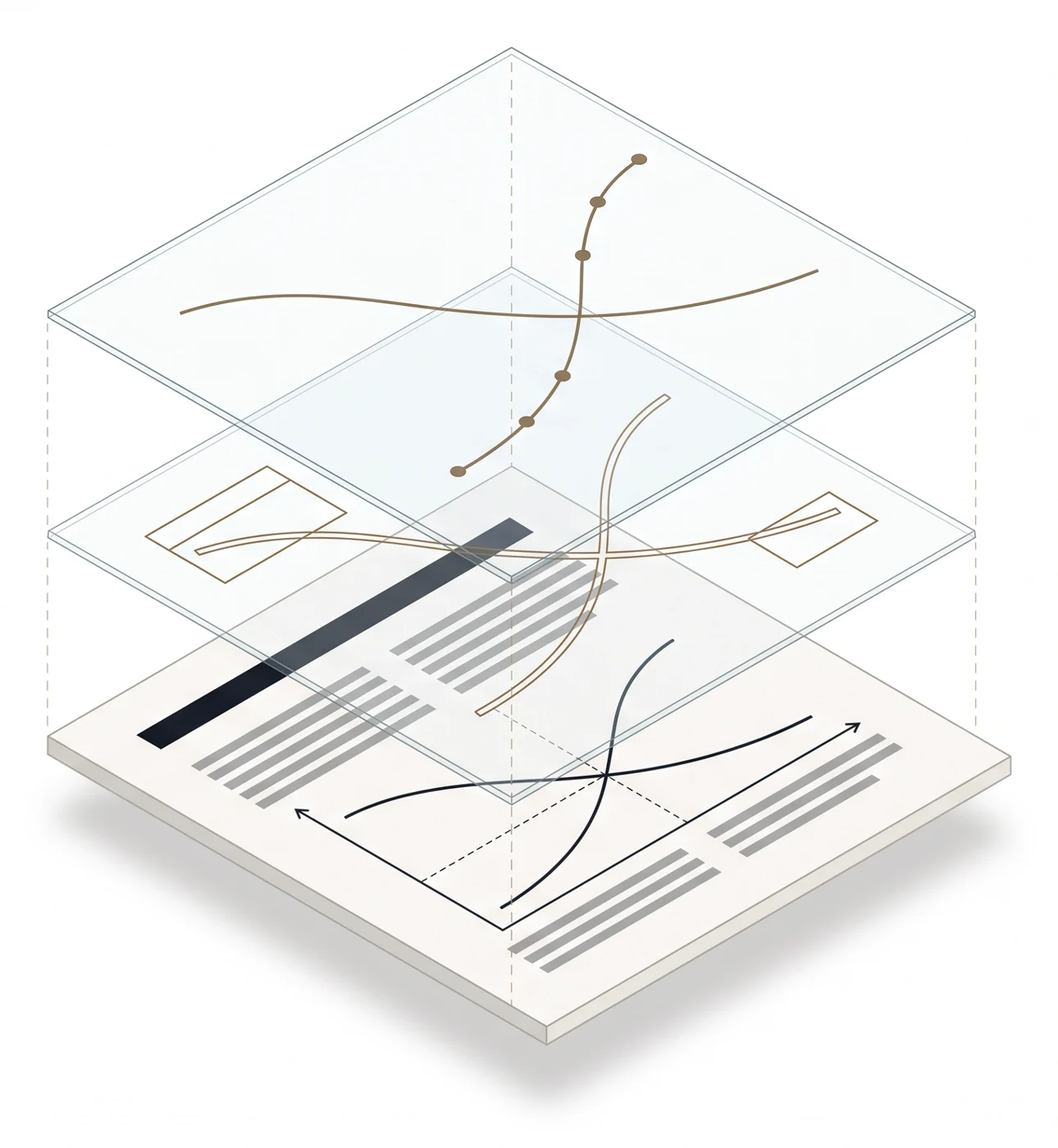 인쇄된 교재 쪽 위에 투명한 층 두 장이 같은 자리에 맞춰 떠 있는 개념도 · Concept: two clear layers registered over a printed textbook page