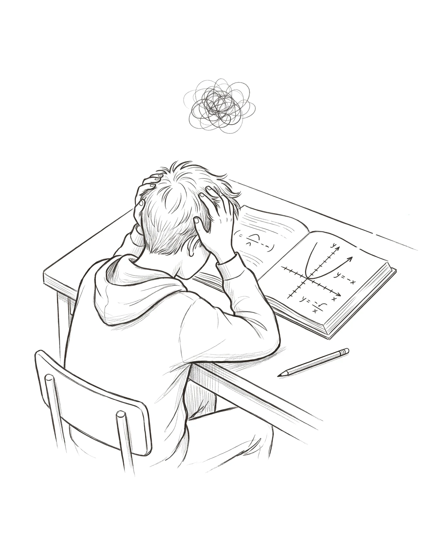 펼친 수학책 앞에서 두 손으로 머리를 감싼 학생의 뒷모습, 머리 위에 엉킨 낙서 · A student seen from behind, hands in hair over an open maths book, a tangle of scribbles above