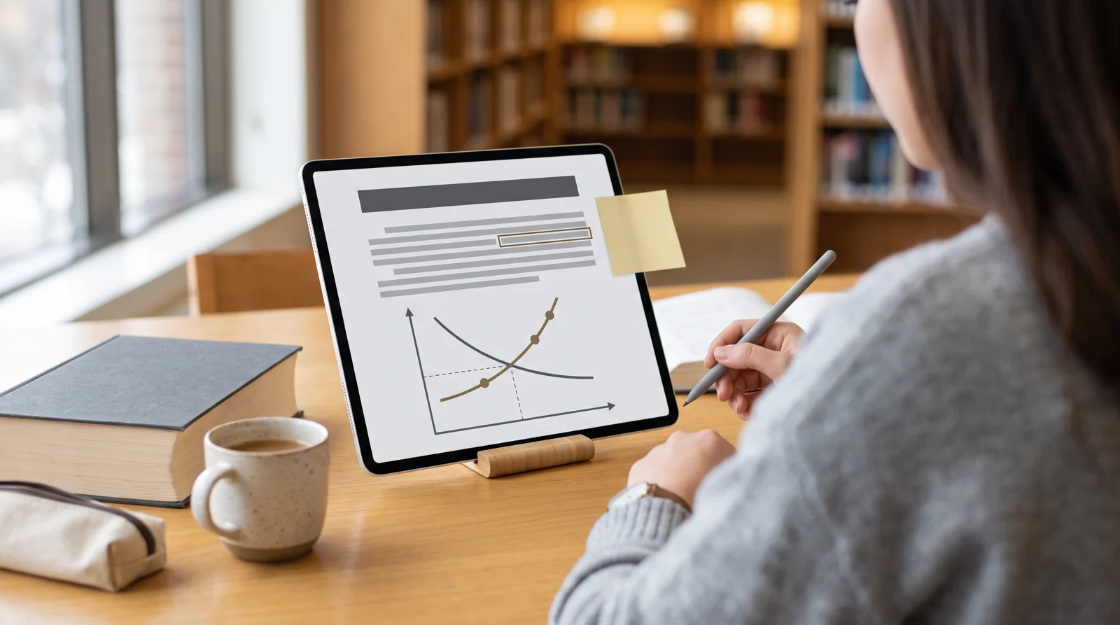 도서관 책상에서 학생이 iPad 로 교재 쪽을 보며 펜슬을 든 모습(연출) · A student at a library desk reading a textbook page on an iPad, pencil in hand (staged)
